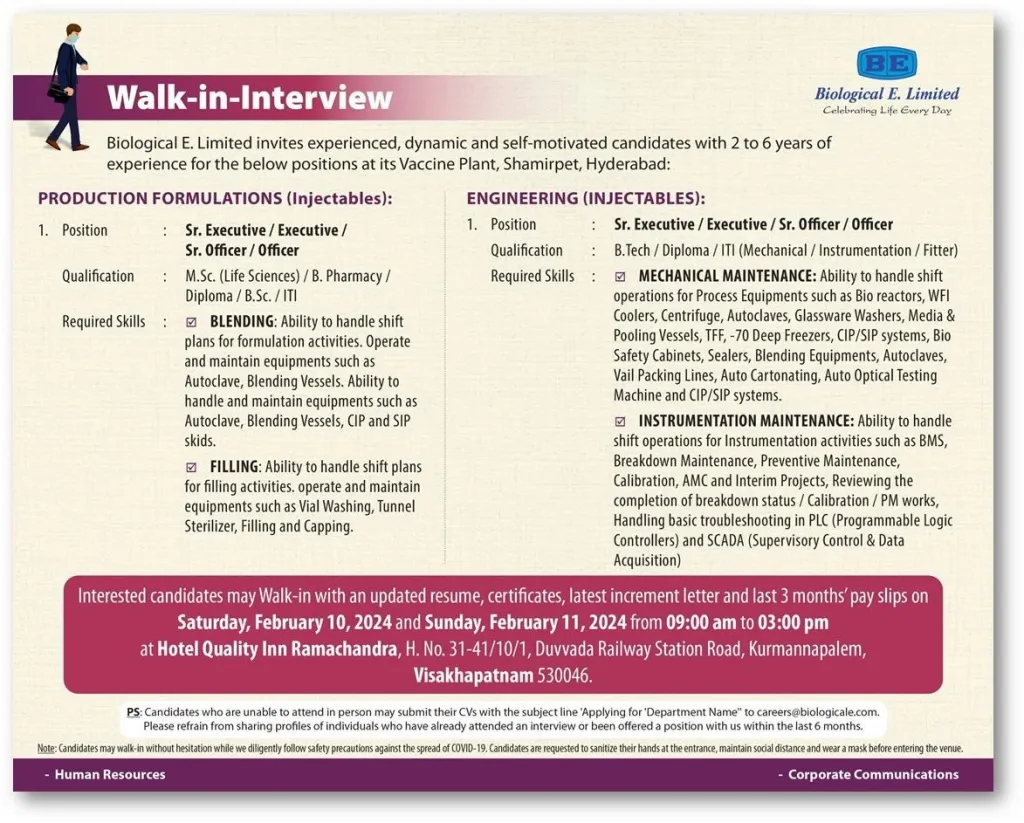 Biological E. Limited - Walk-In Interview for Multiple Positions on 10th & 11th Feb 2024